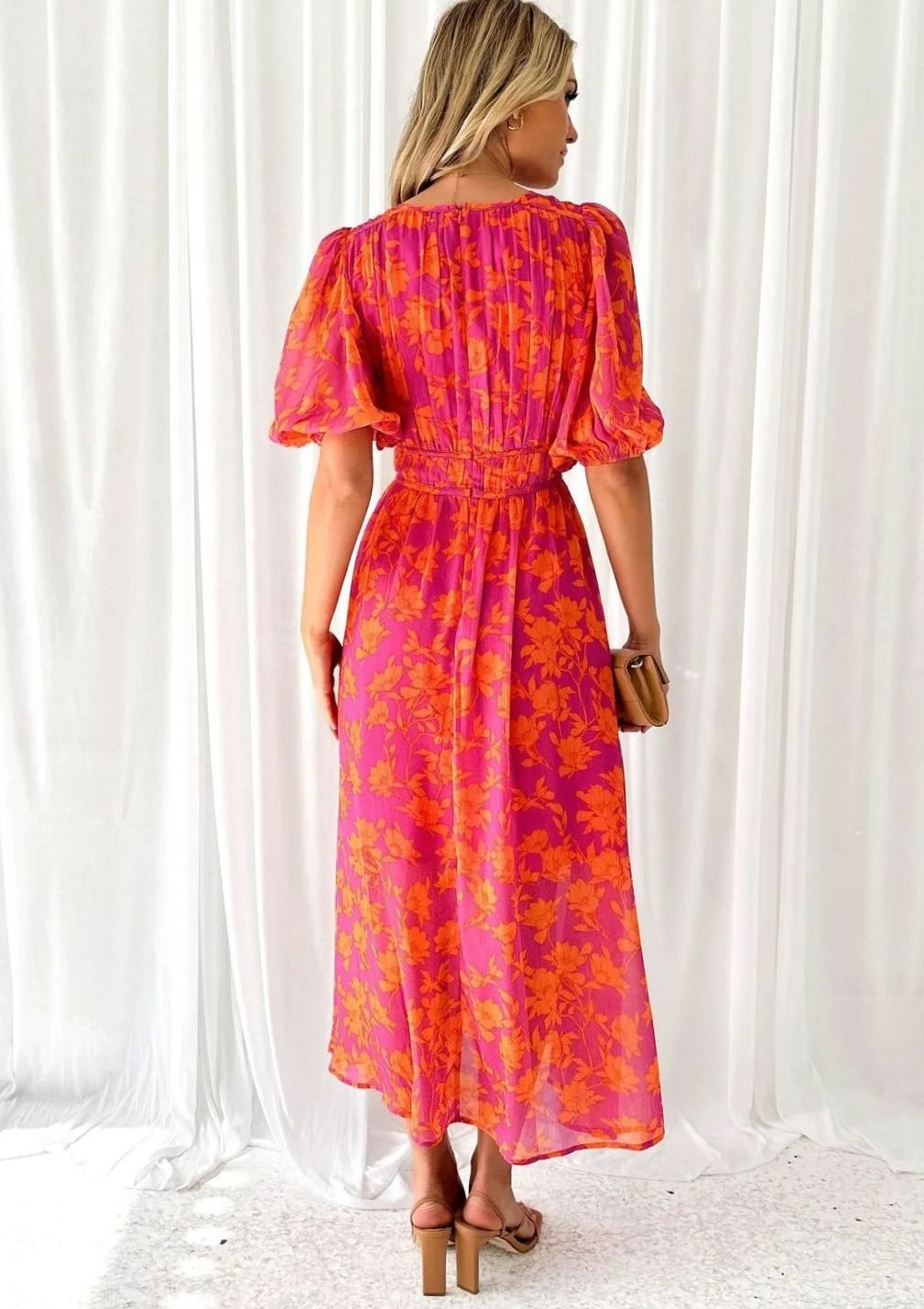 Women's Pink Floral Maxi Dress V-Neck Short Sleeve