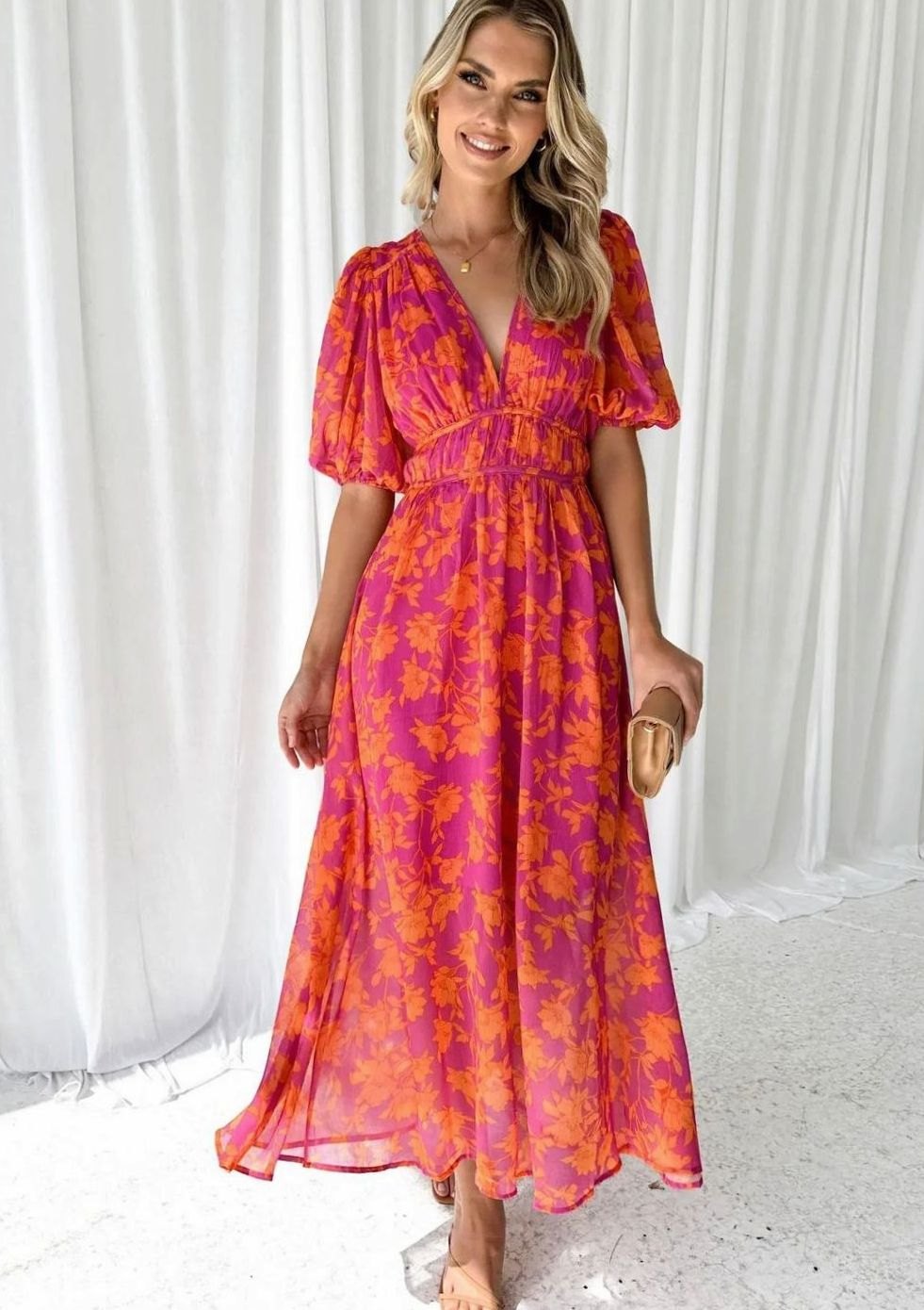 Women's Pink Floral Maxi Dress V-Neck Short Sleeve - Color