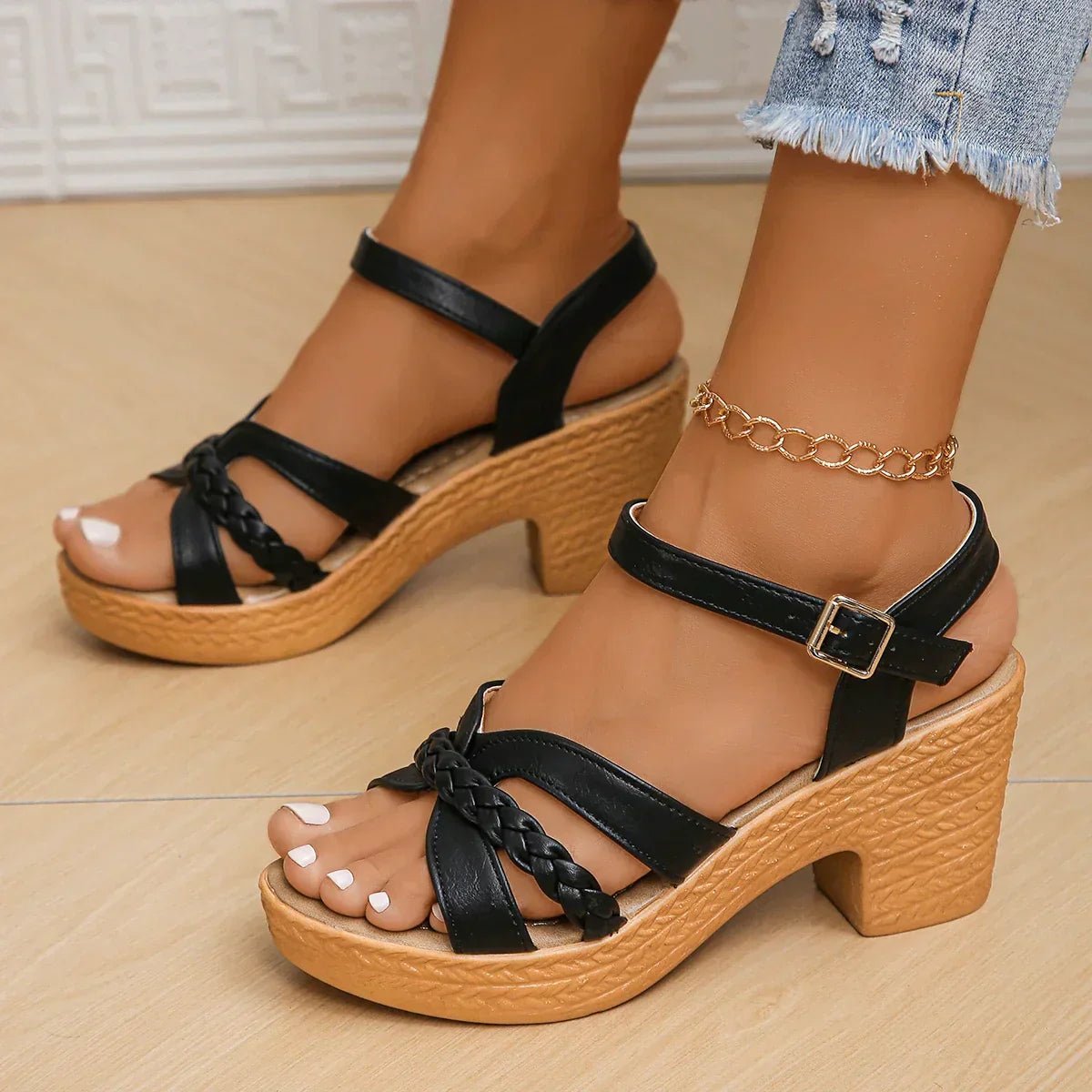 Women's Platform Sandals Orthopedic Braided Strap Block Heel - Black (Almost sold out)