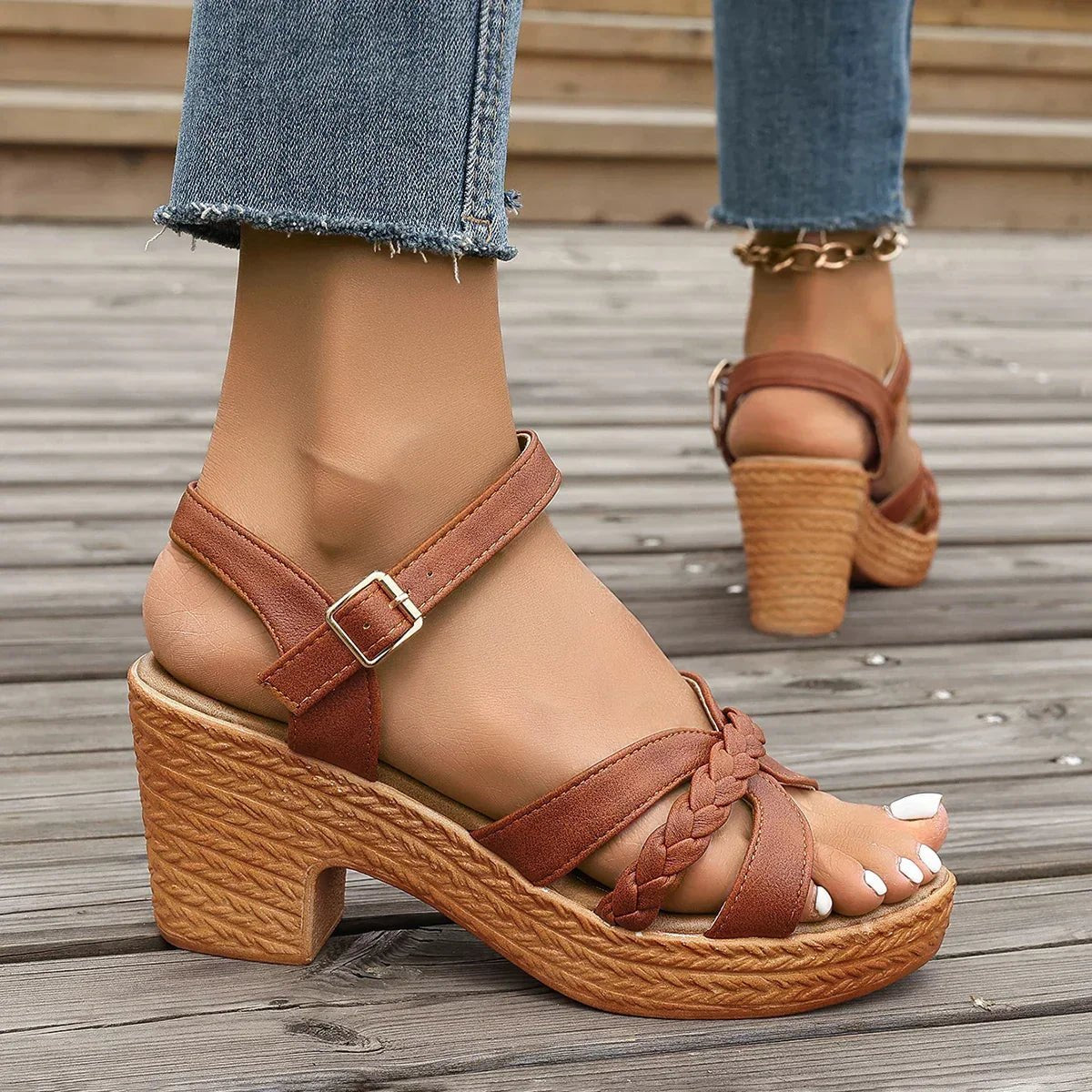 Women's Platform Sandals Orthopedic Braided Strap Block Heel - Brown (Almost sold out)