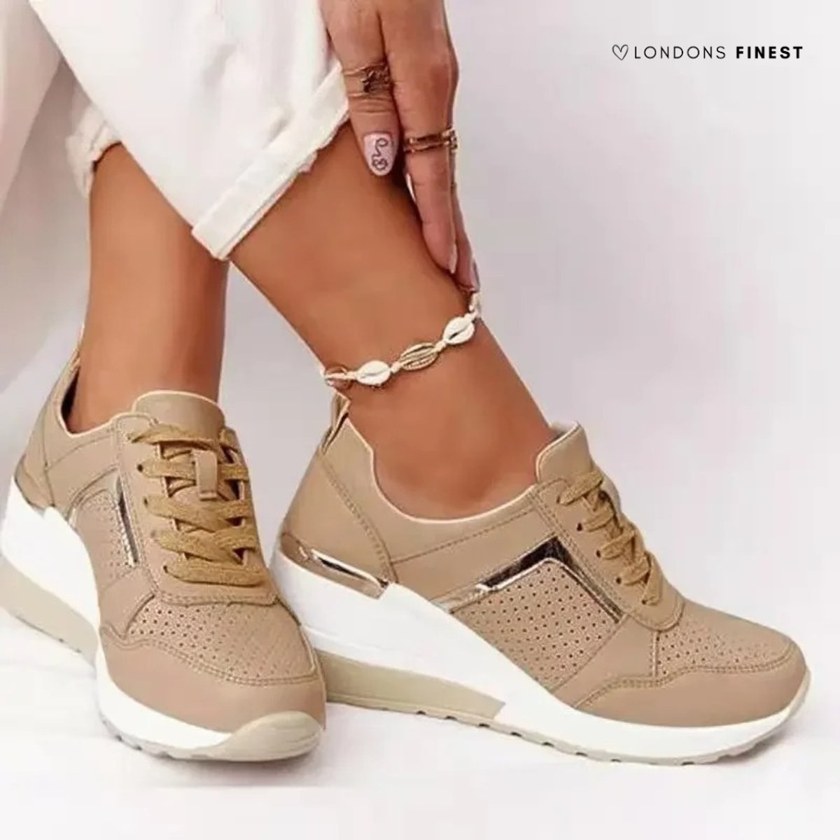 Women's Platform Wedge Comfort Sneakers Lace-Up Perforated - Khaki