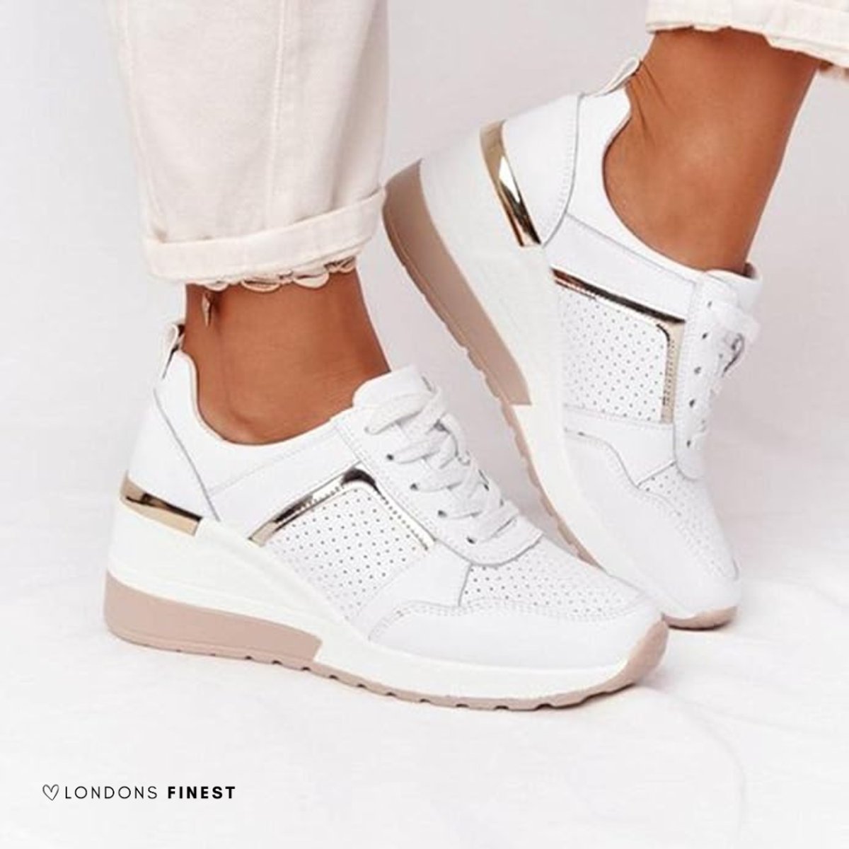 Women's Platform Wedge Comfort Sneakers Lace-Up Perforated - White