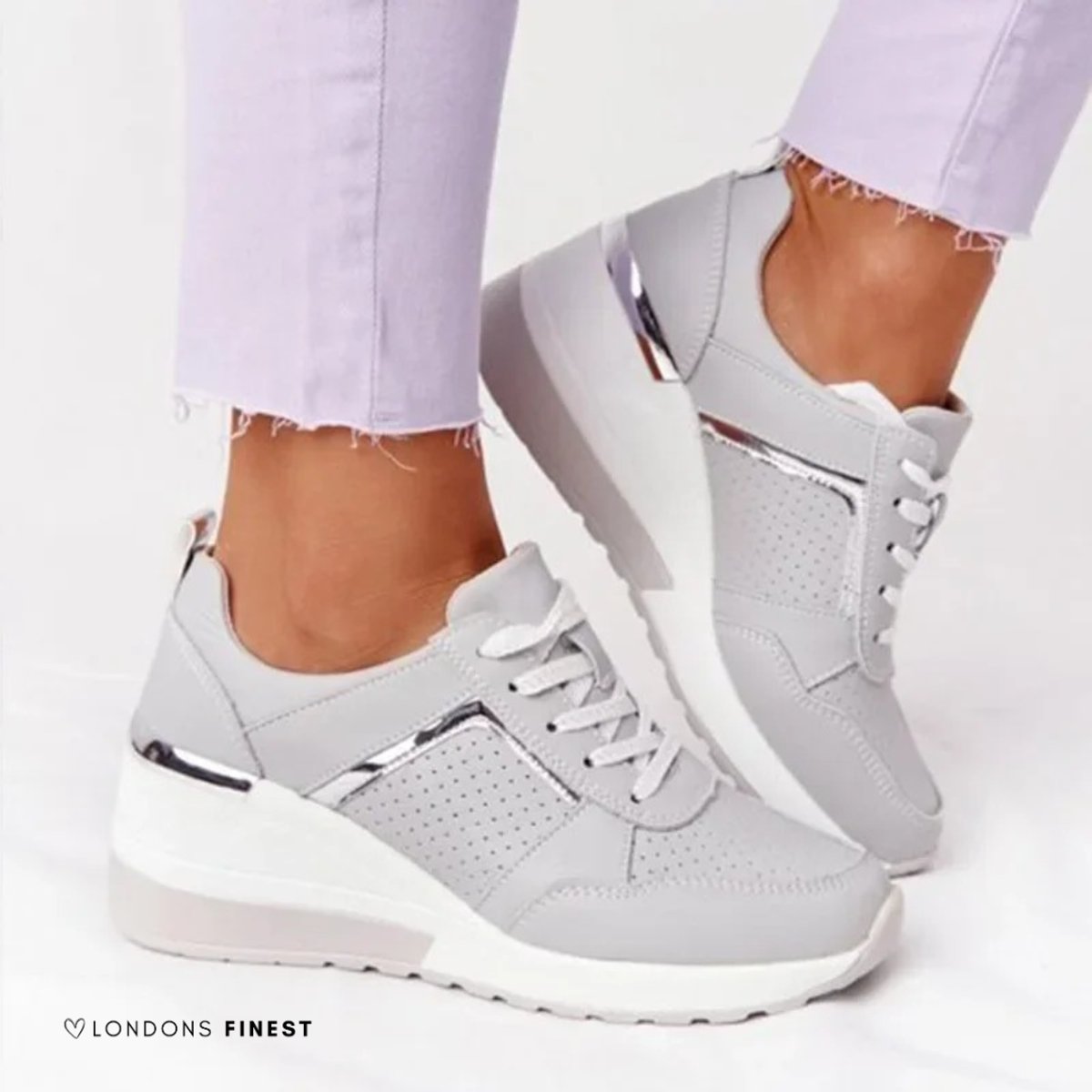 Women's Platform Wedge Comfort Sneakers Lace-Up Perforated - Grey
