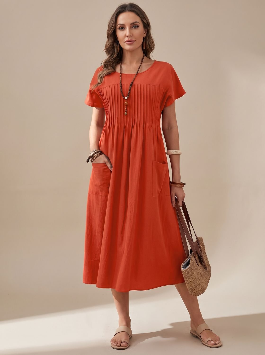 Women's Pleated Bodice Short-Sleeve Relaxed Midi Dress - Orange