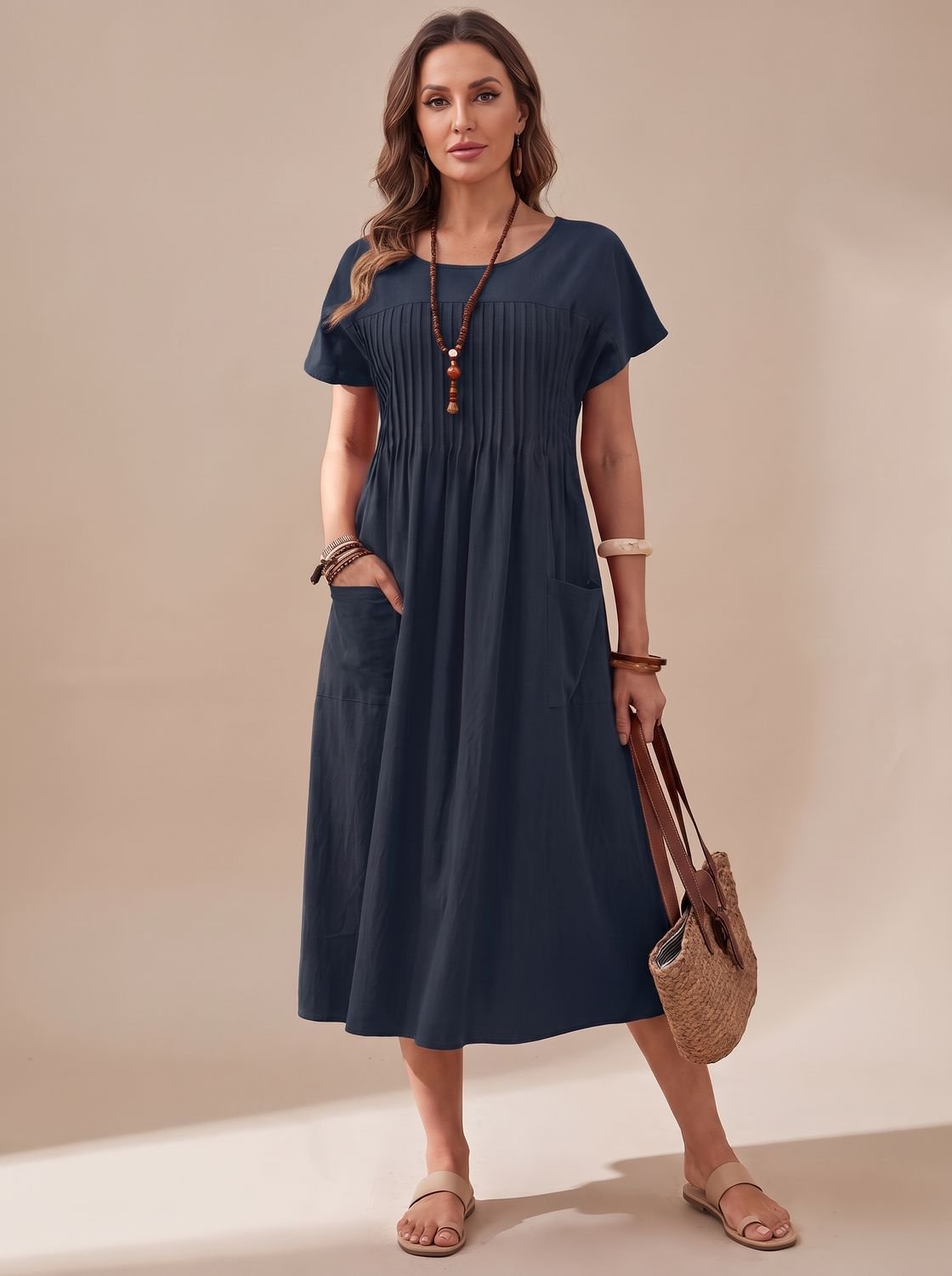 Women's Pleated Bodice Short-Sleeve Relaxed Midi Dress - Navy