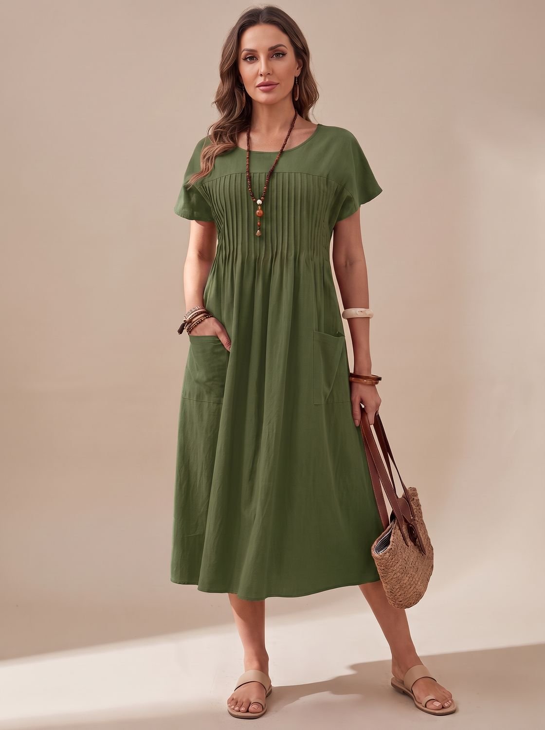 Women's Pleated Bodice Short-Sleeve Relaxed Midi Dress - Dark Green