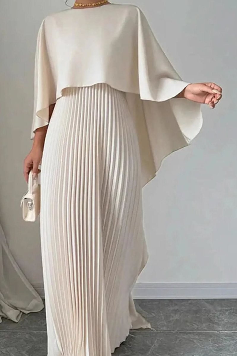 Women's Pleated Cape-Overlay Maxi Evening Gown - Beige