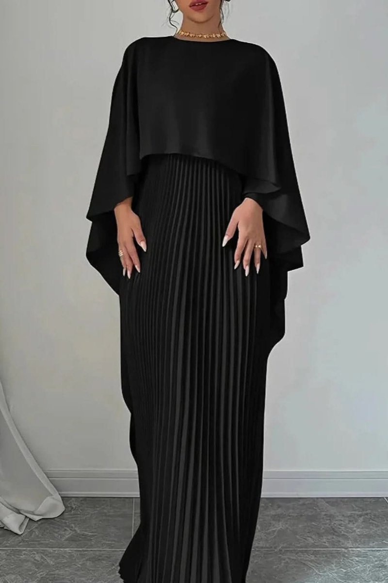 Women's Pleated Cape-Overlay Maxi Evening Gown - Black