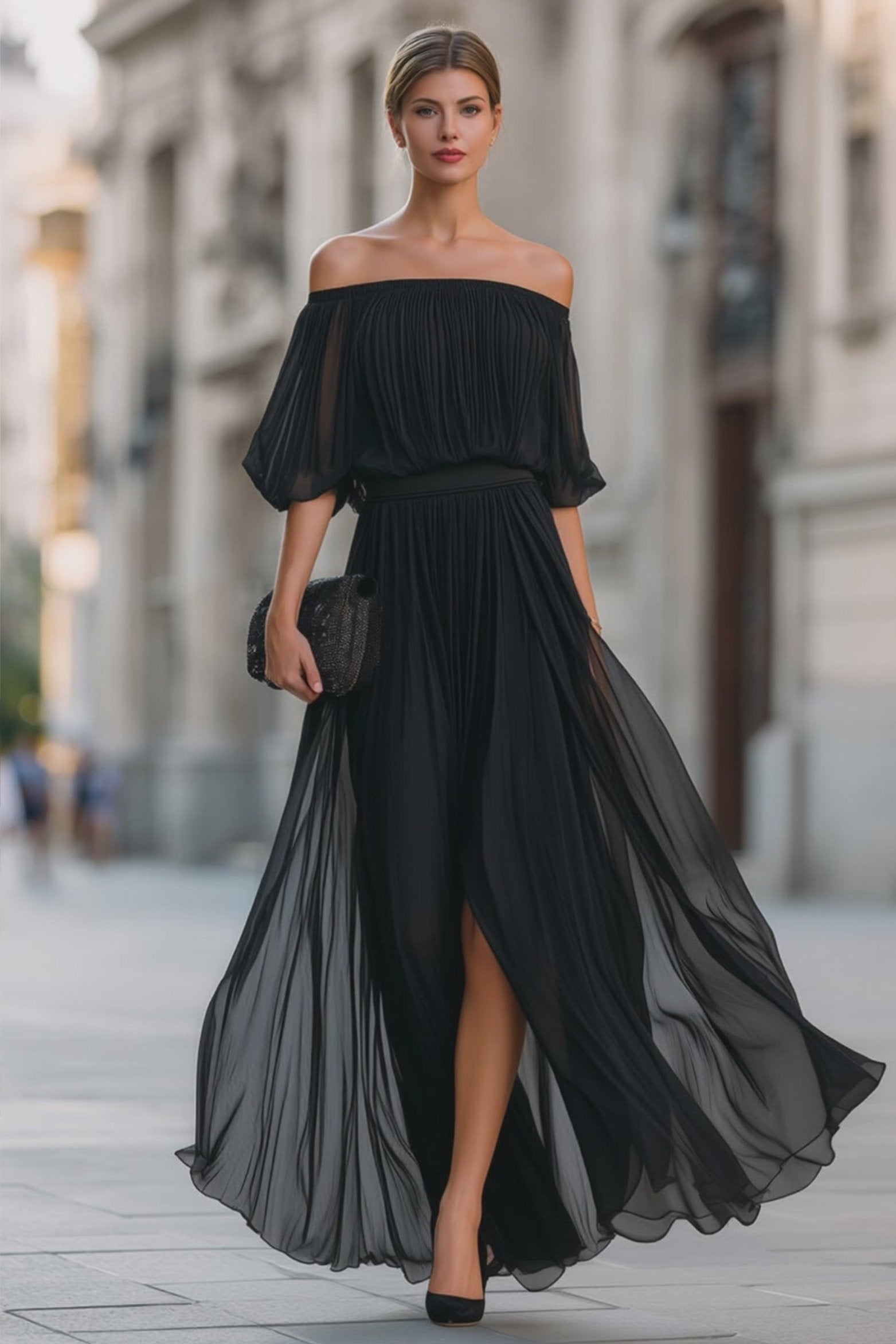 Women's Pleated Chiffon Off-Shoulder Flowing Maxi Dresses - Black