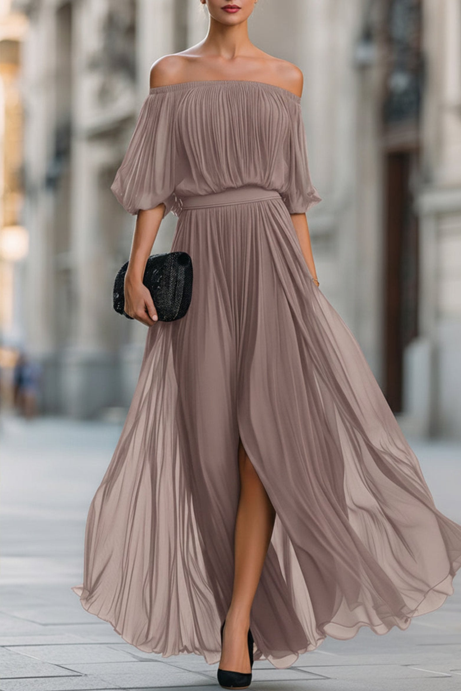 Women's Pleated Chiffon Off-Shoulder Flowing Maxi Dresses - Taupe