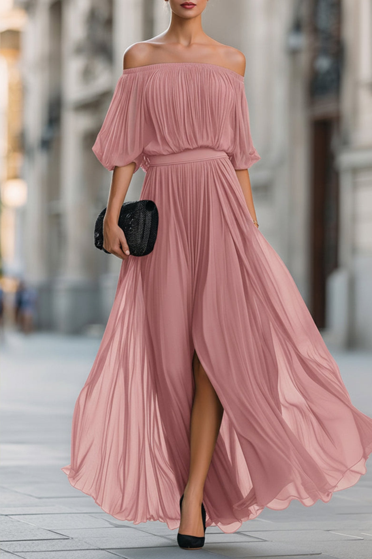 Women's Pleated Chiffon Off-Shoulder Flowing Maxi Dresses - Dusty Rose