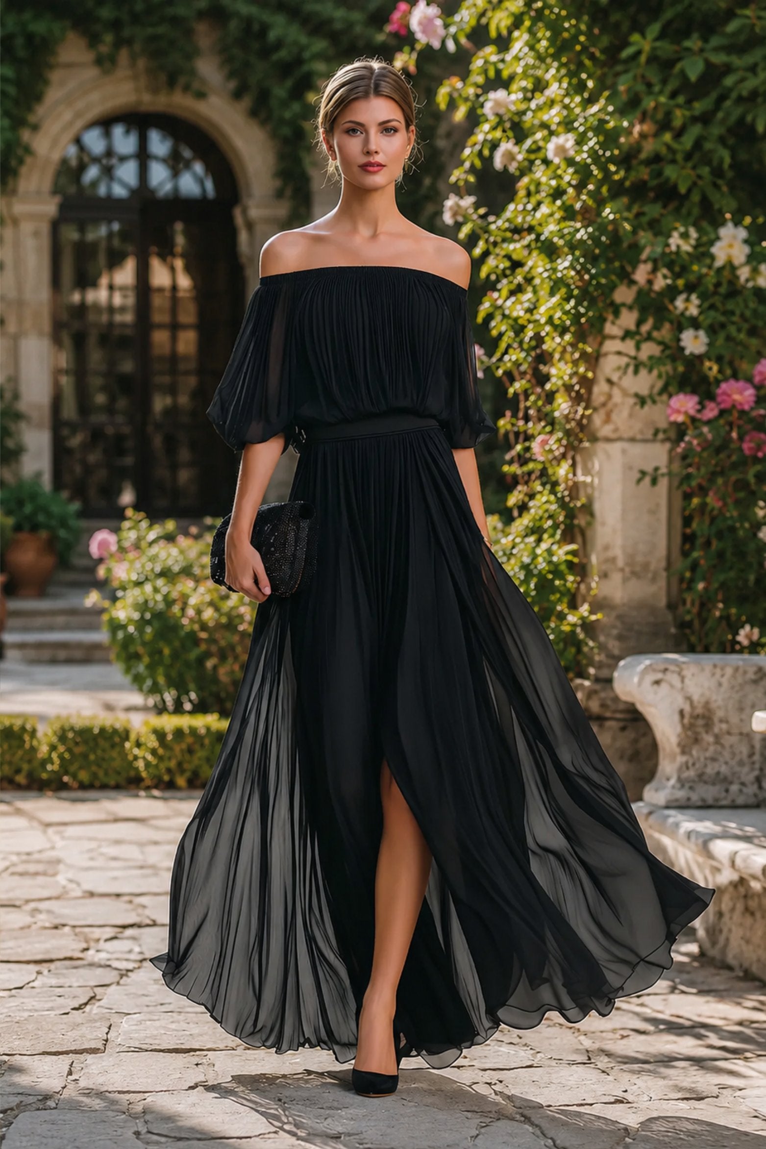 Women's Pleated Chiffon Off-Shoulder Flowing Maxi Dresses