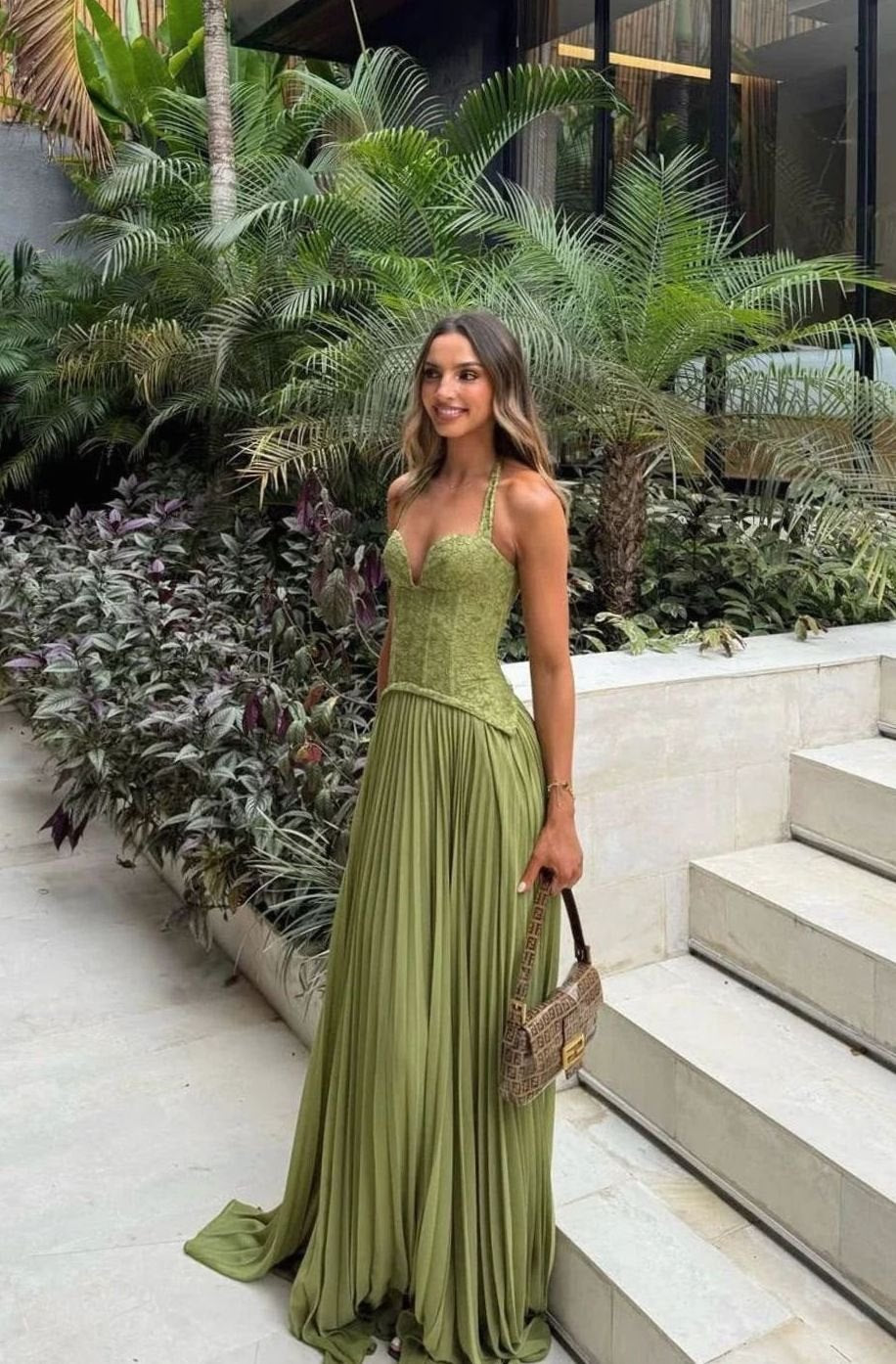 Women's Pleated Corset Maxi Dress Formal Gown - Green