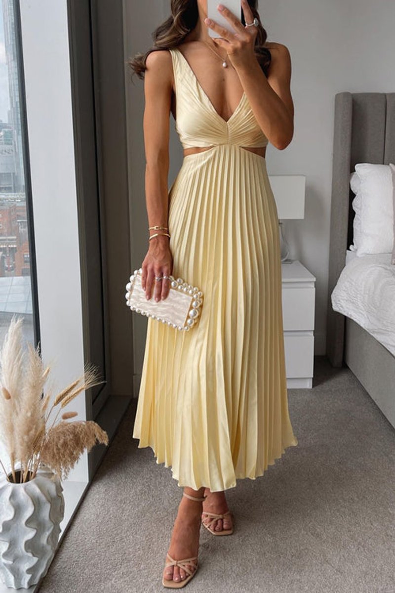 Women's Pleated Cutout V Neck Dress Sleeveless Maxi - Yellow