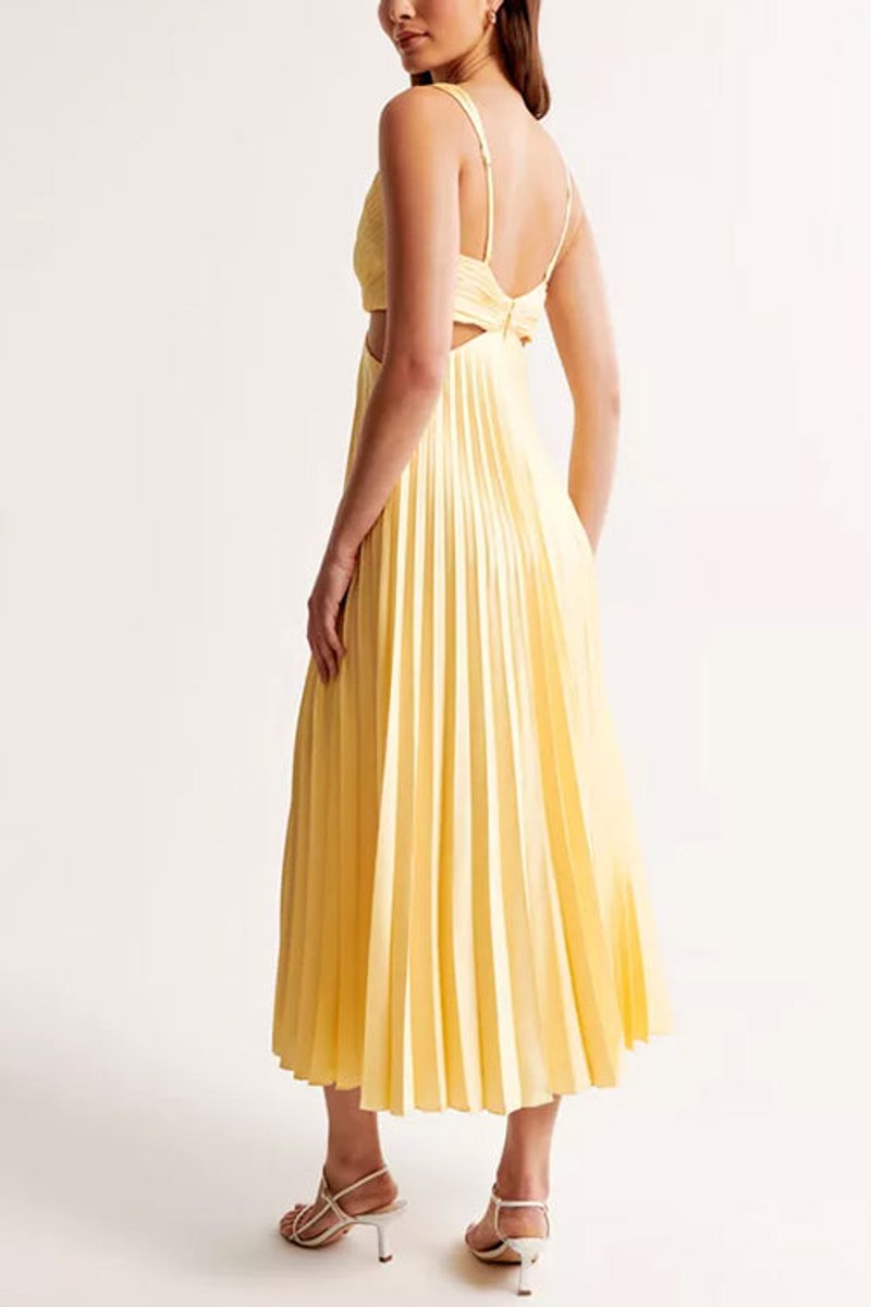 Women's Pleated Cutout V Neck Dress Sleeveless Maxi