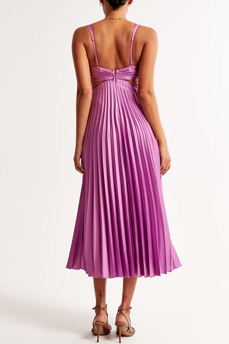 Women's Pleated Cutout V Neck Dress Sleeveless Maxi