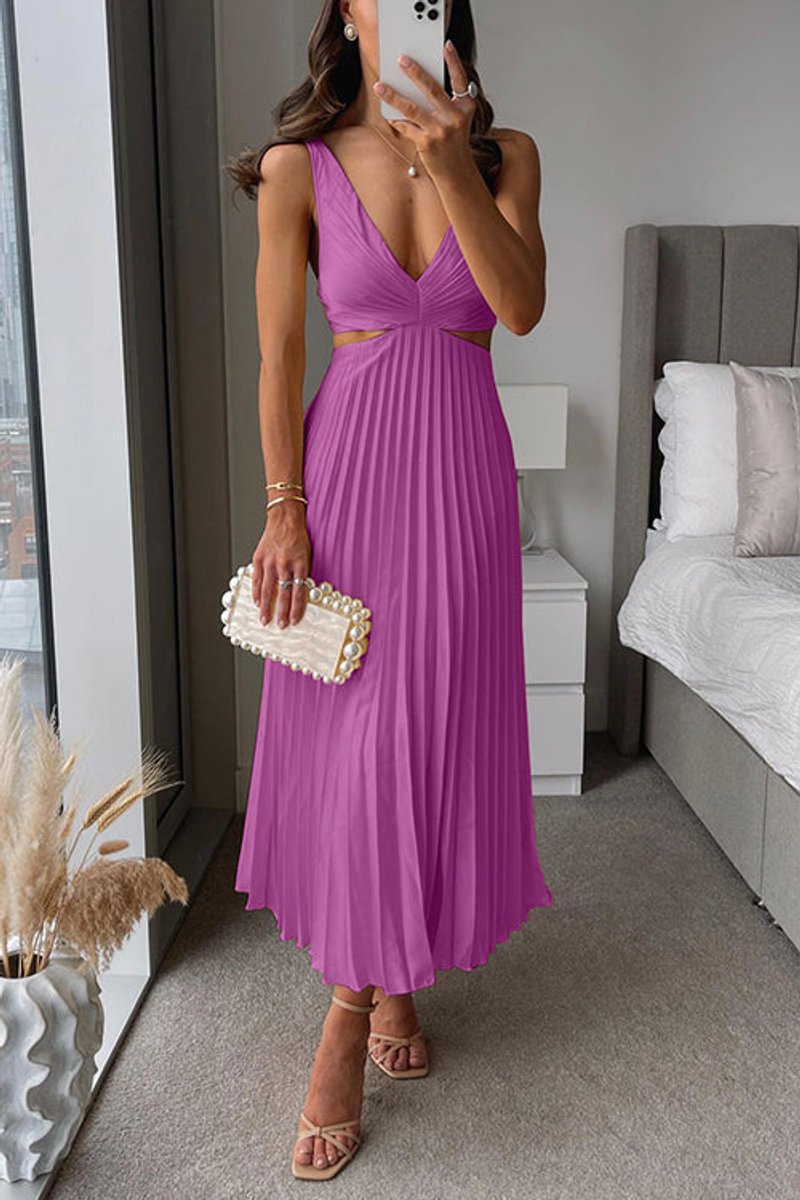 Women's Pleated Cutout V Neck Dress Sleeveless Maxi
