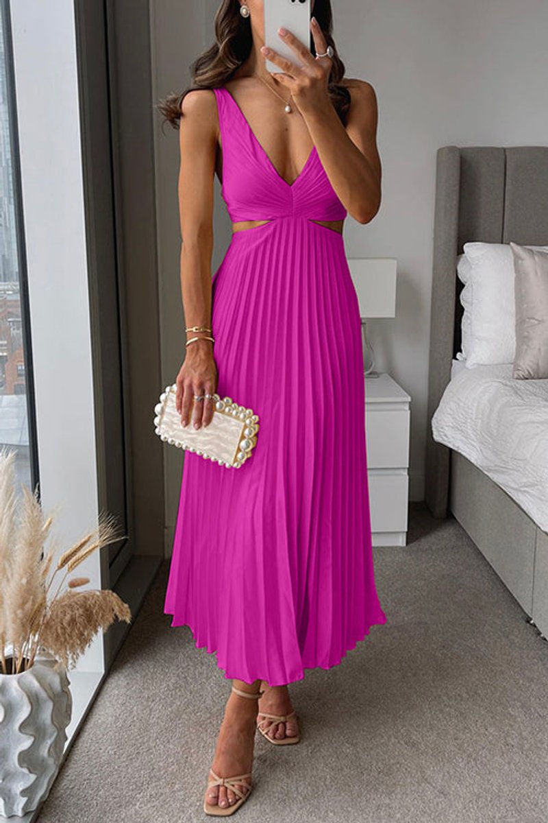 Women's Pleated Cutout V Neck Dress Sleeveless Maxi - Dark Pink
