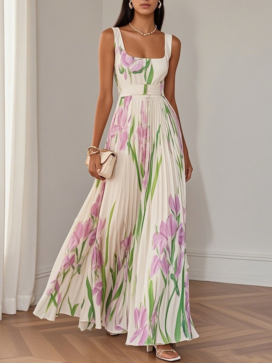 Women's Pleated Floral Summer Dress Square Neck Chiffon Maxi - White