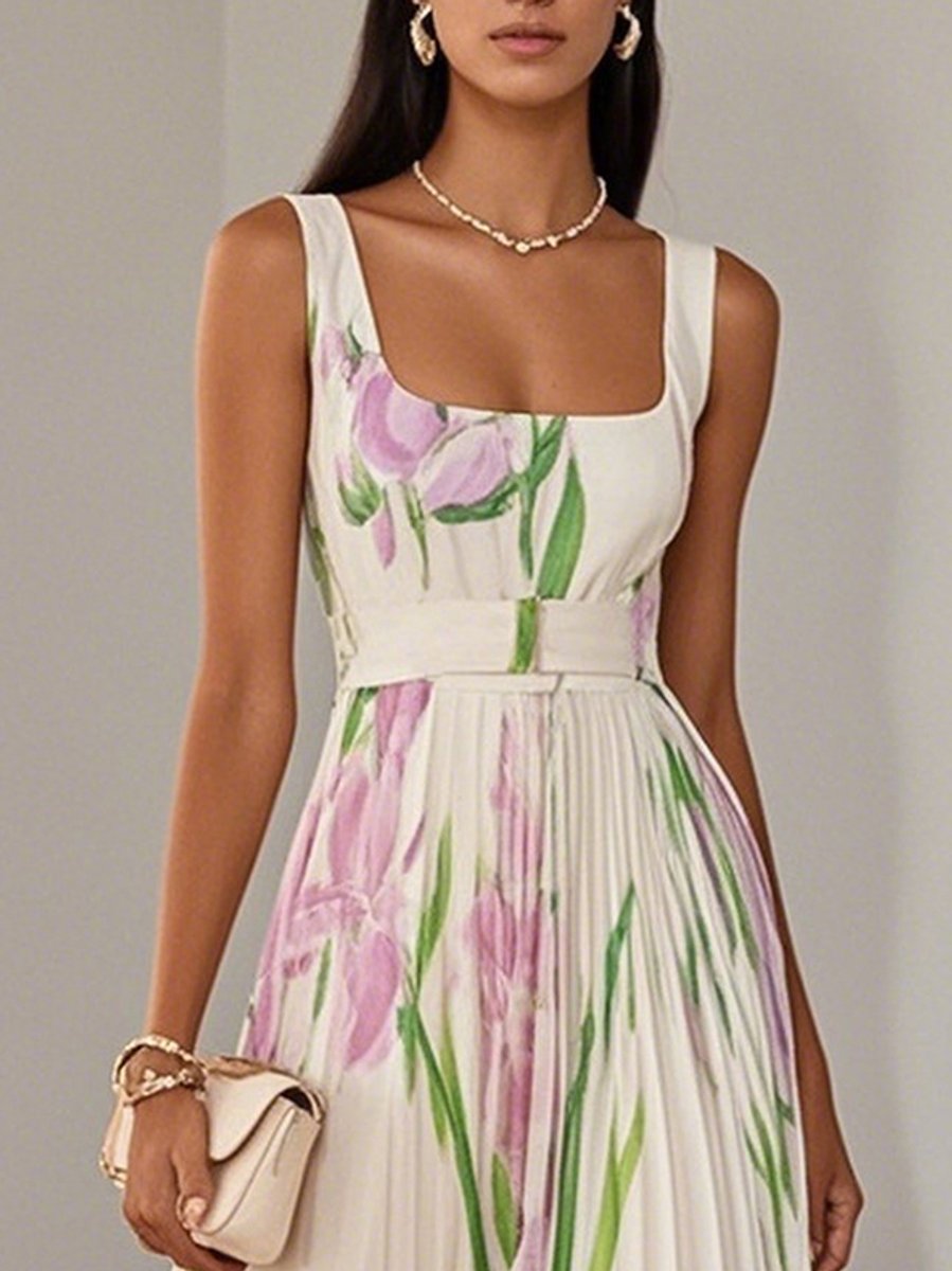 Women's Pleated Floral Summer Dress Square Neck Chiffon Maxi