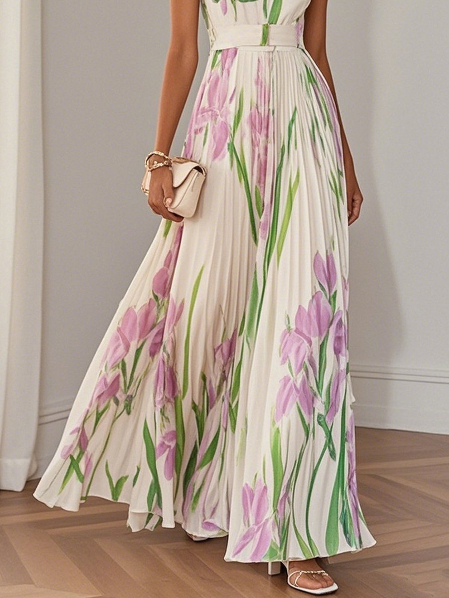 Women's Pleated Floral Summer Dress Square Neck Chiffon Maxi