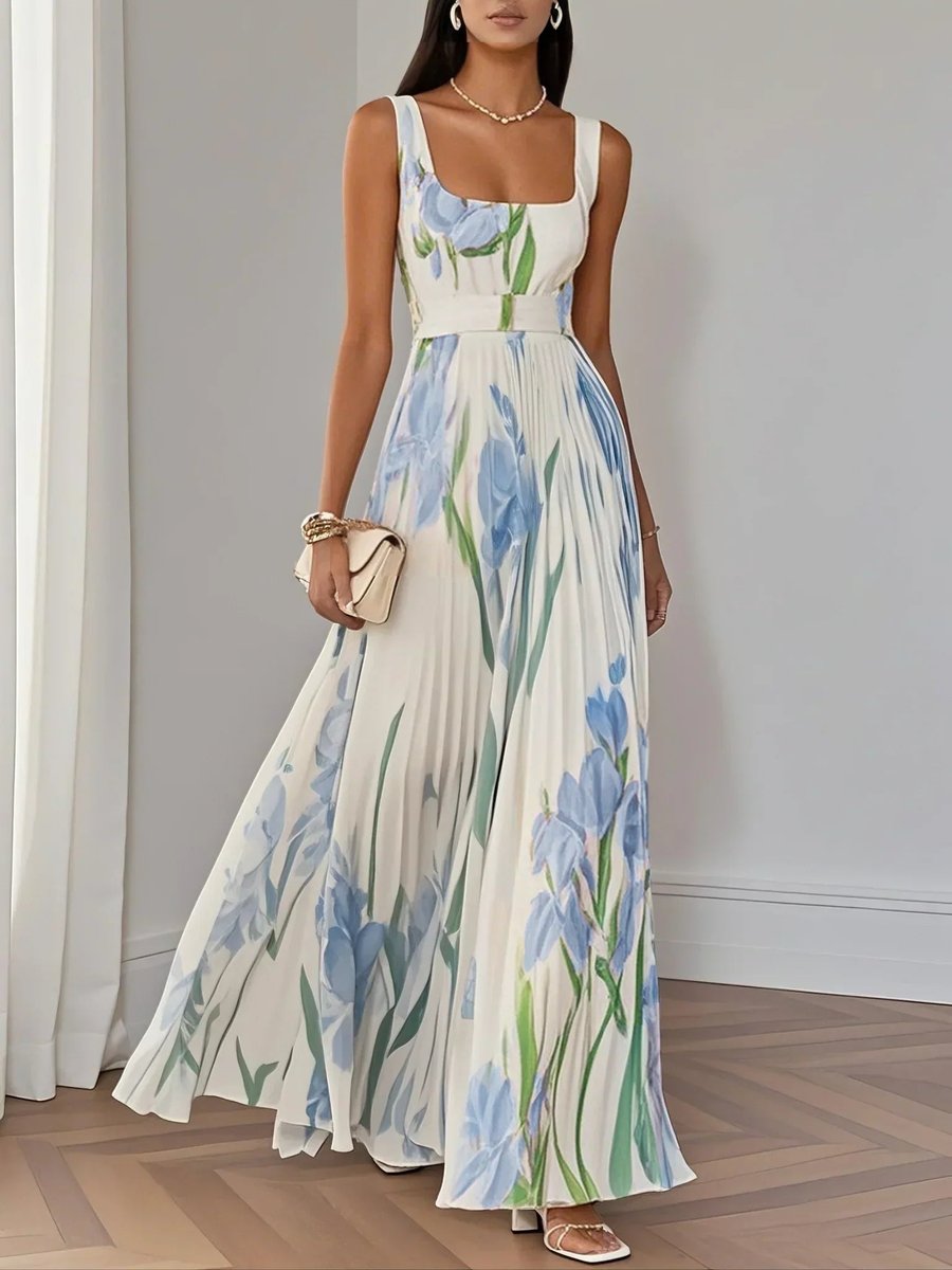 Women's Pleated Floral Summer Dress Square Neck Chiffon Maxi - Light Blue