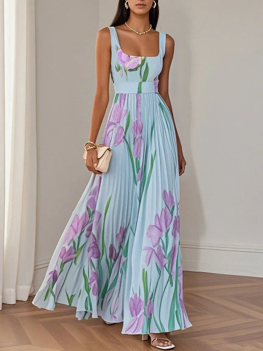 Women's Pleated Floral Summer Dress Square Neck Chiffon Maxi - Blue