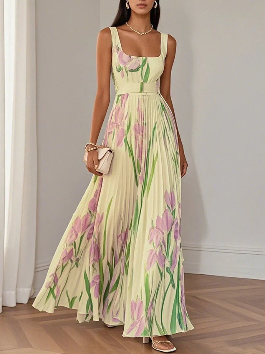 Women's Pleated Floral Summer Dress Square Neck Chiffon Maxi - Yellow
