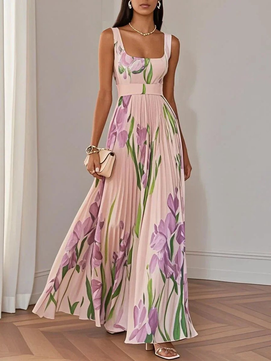 Women's Pleated Floral Summer Dress Square Neck Chiffon Maxi - Pink