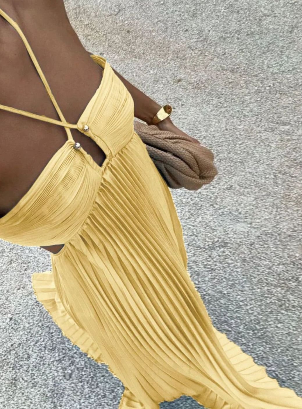 Women's Pleated Halter-Neck Side Cut-Out Maxi Dress - Yellow