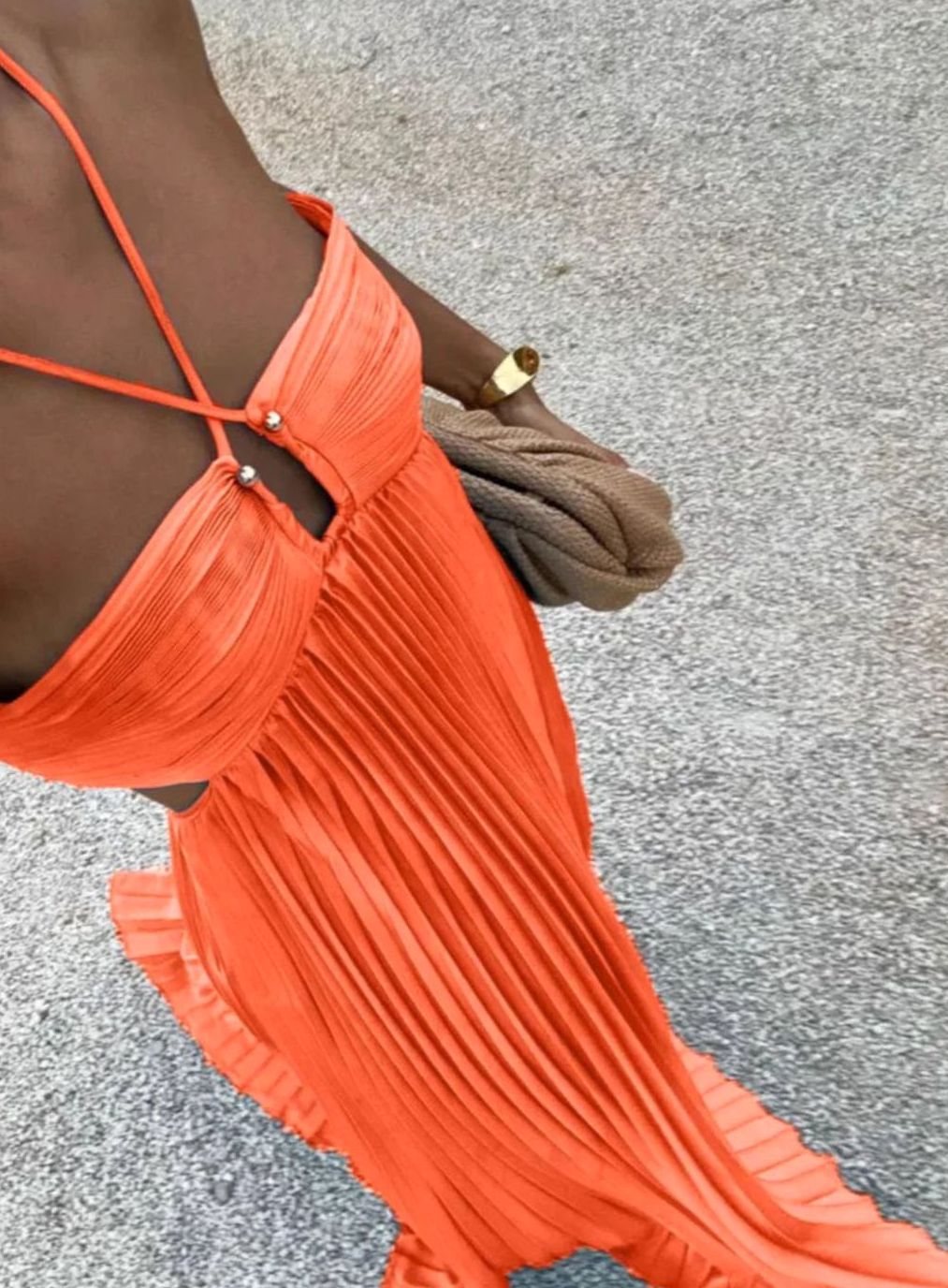 Women's Pleated Halter-Neck Side Cut-Out Maxi Dress - Orange