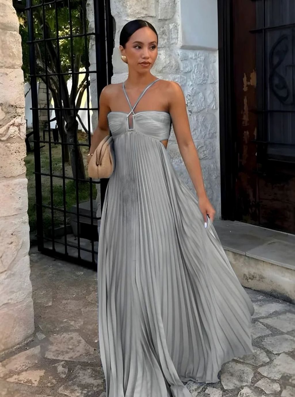 Women's Pleated Halter-Neck Side Cut-Out Maxi Dress - Gray