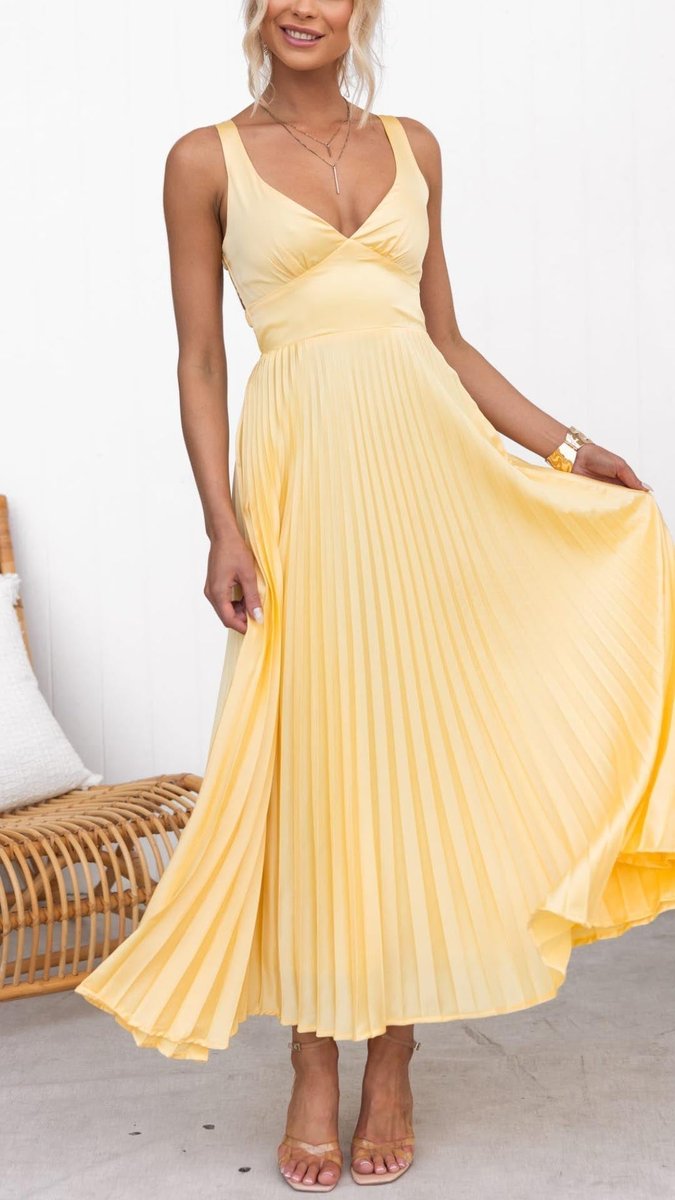 Women's Pleated Maxi V Neck Dress Sleeveless A-Line - Yellow
