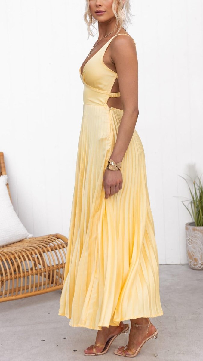 Women's Pleated Maxi V Neck Dress Sleeveless A-Line