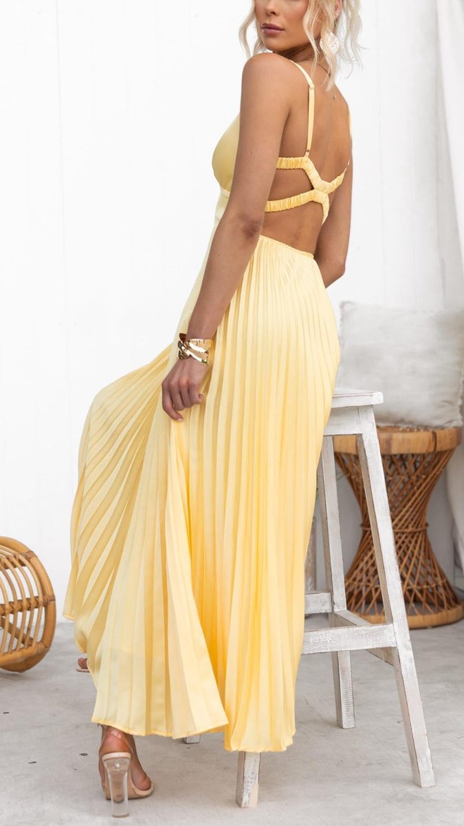 Women's Pleated Maxi V Neck Dress Sleeveless A-Line