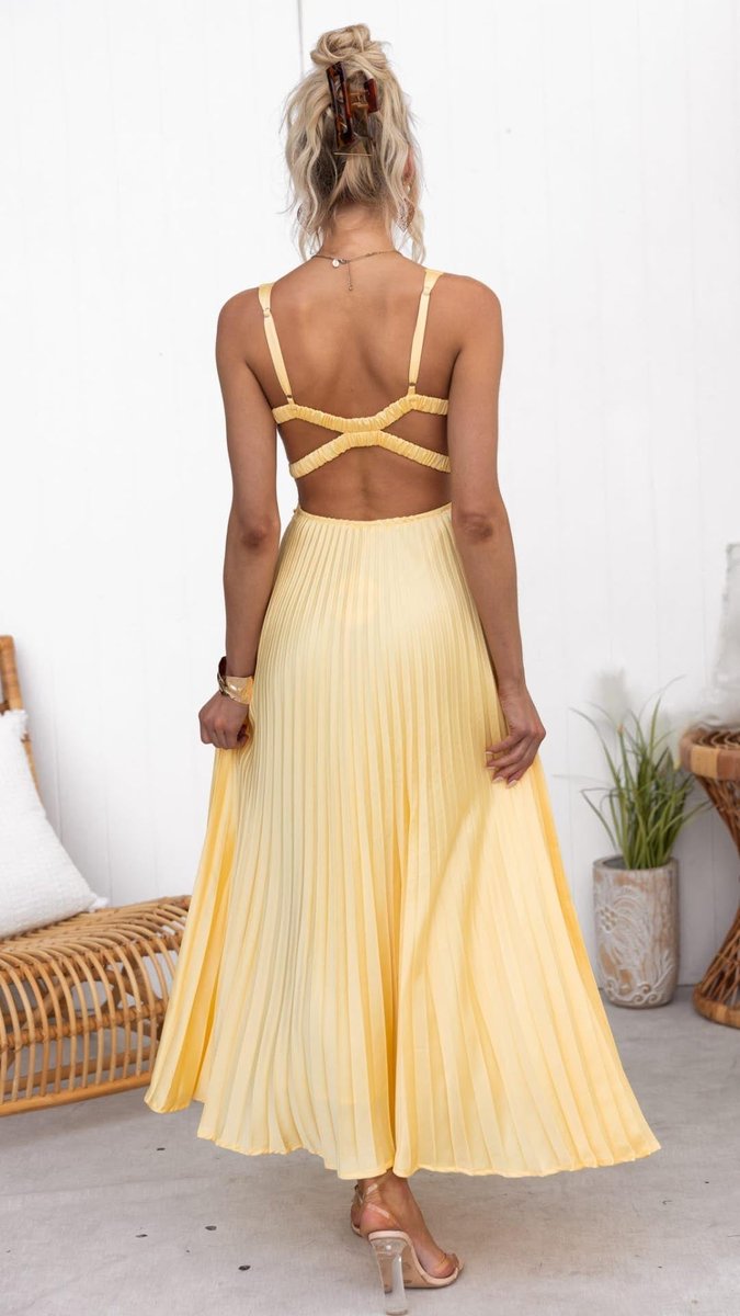 Women's Pleated Maxi V Neck Dress Sleeveless A-Line