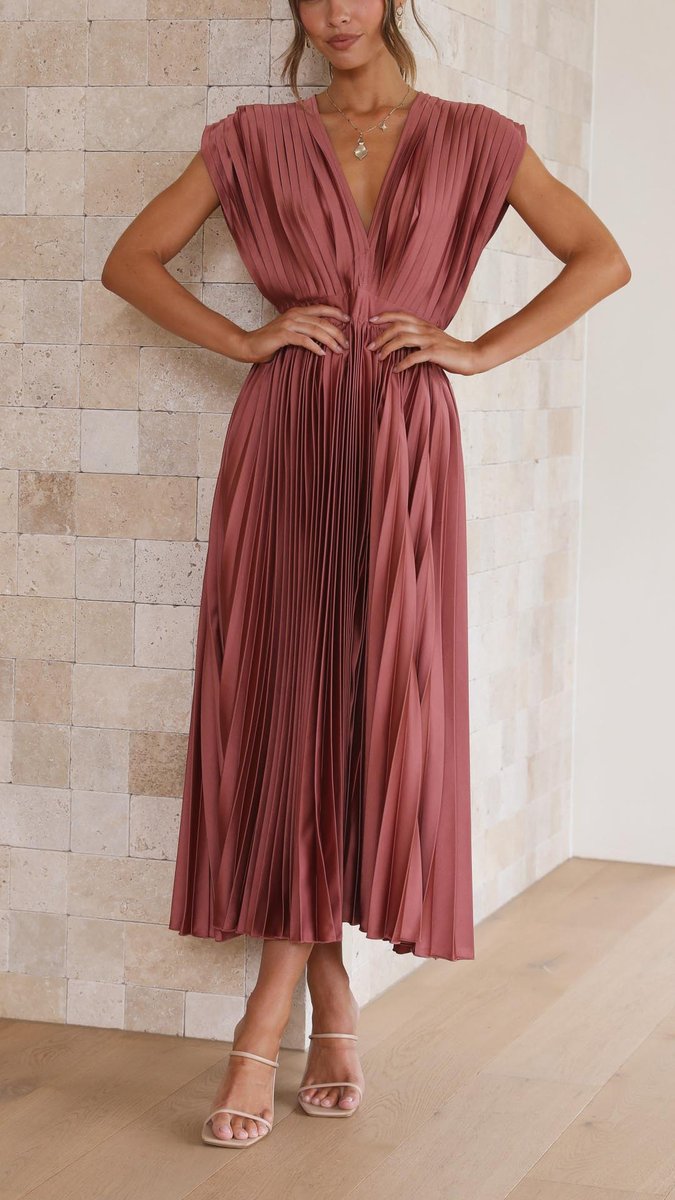 Women's Pleated V-Neck Cap-Sleeve Midi Wedding Guest Dress