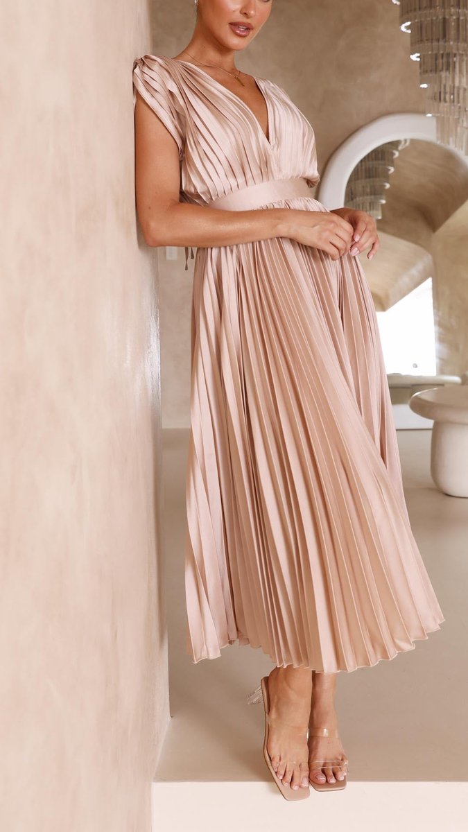 Women's Pleated V-Neck Cap-Sleeve Midi Wedding Guest Dress