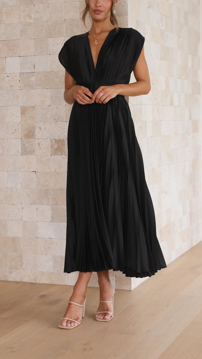 Women's Pleated V-Neck Cap-Sleeve Midi Wedding Guest Dress