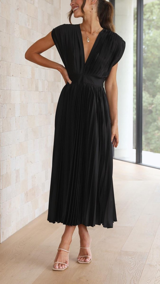Women's Pleated V-Neck Cap-Sleeve Midi Wedding Guest Dress