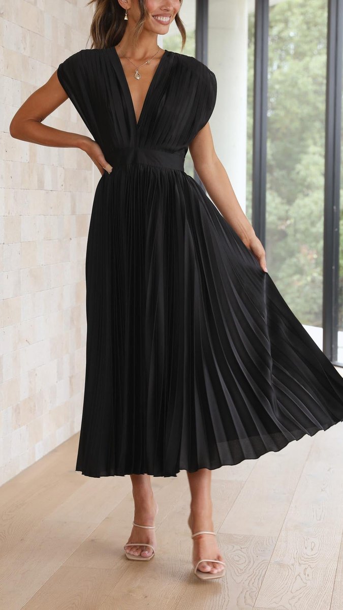 Women's Pleated V-Neck Cap-Sleeve Midi Wedding Guest Dress