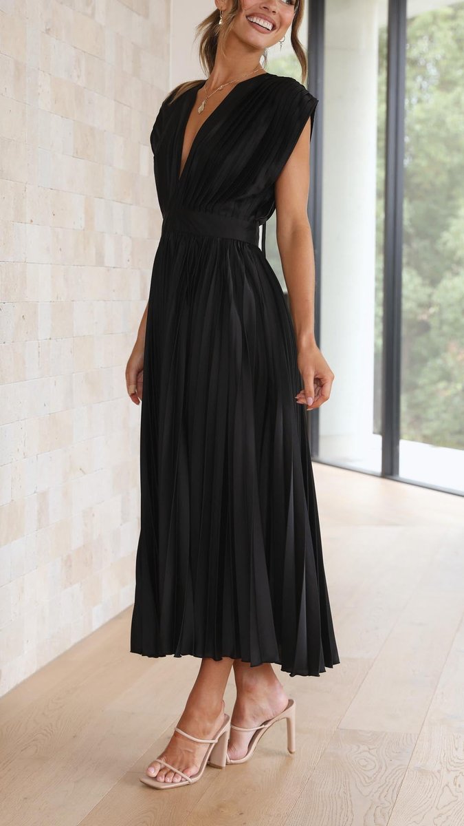 Women's Pleated V-Neck Cap-Sleeve Midi Wedding Guest Dress