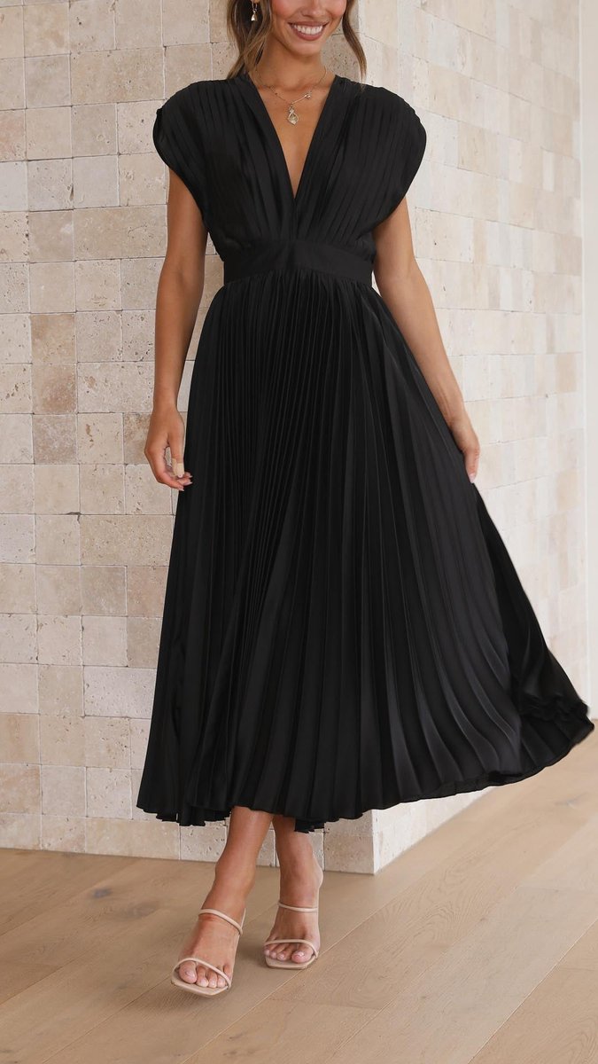 Women's Pleated V-Neck Cap-Sleeve Midi Wedding Guest Dress