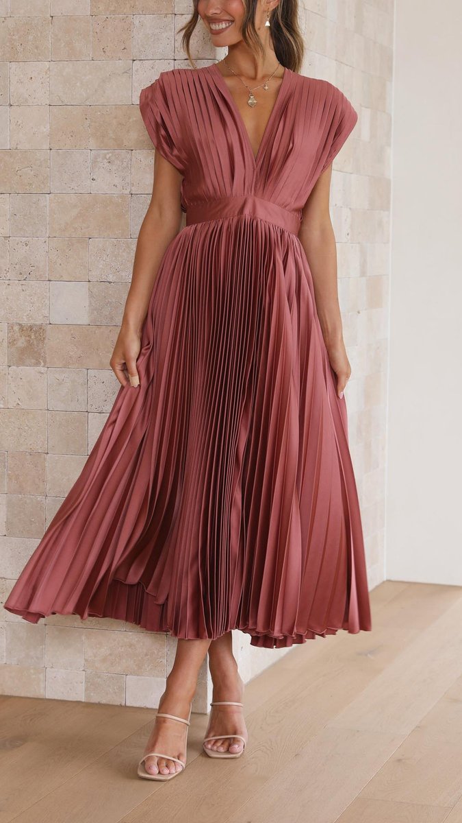 Women's Pleated V-Neck Cap-Sleeve Midi Wedding Guest Dress - Antique Pink