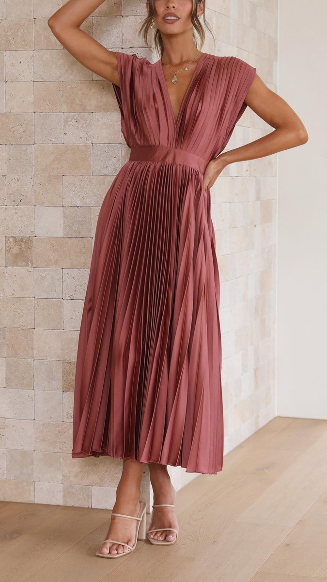 Women's Pleated V-Neck Cap-Sleeve Midi Wedding Guest Dress