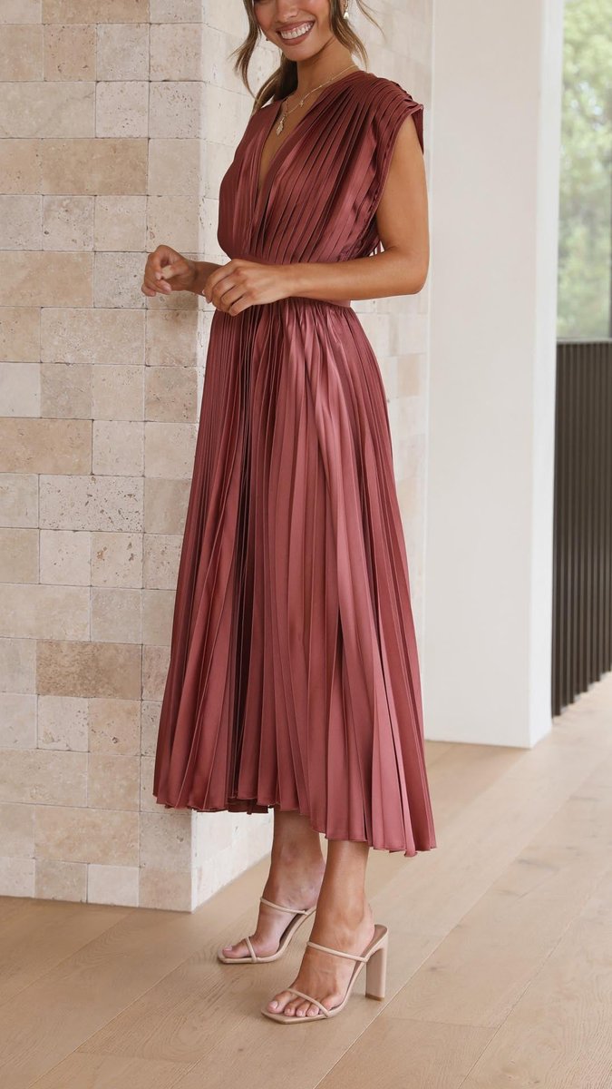 Women's Pleated V-Neck Cap-Sleeve Midi Wedding Guest Dress