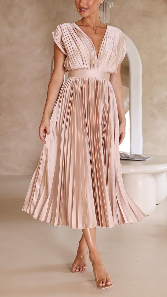 Women's Pleated V-Neck Cap-Sleeve Midi Wedding Guest Dress - Champagne