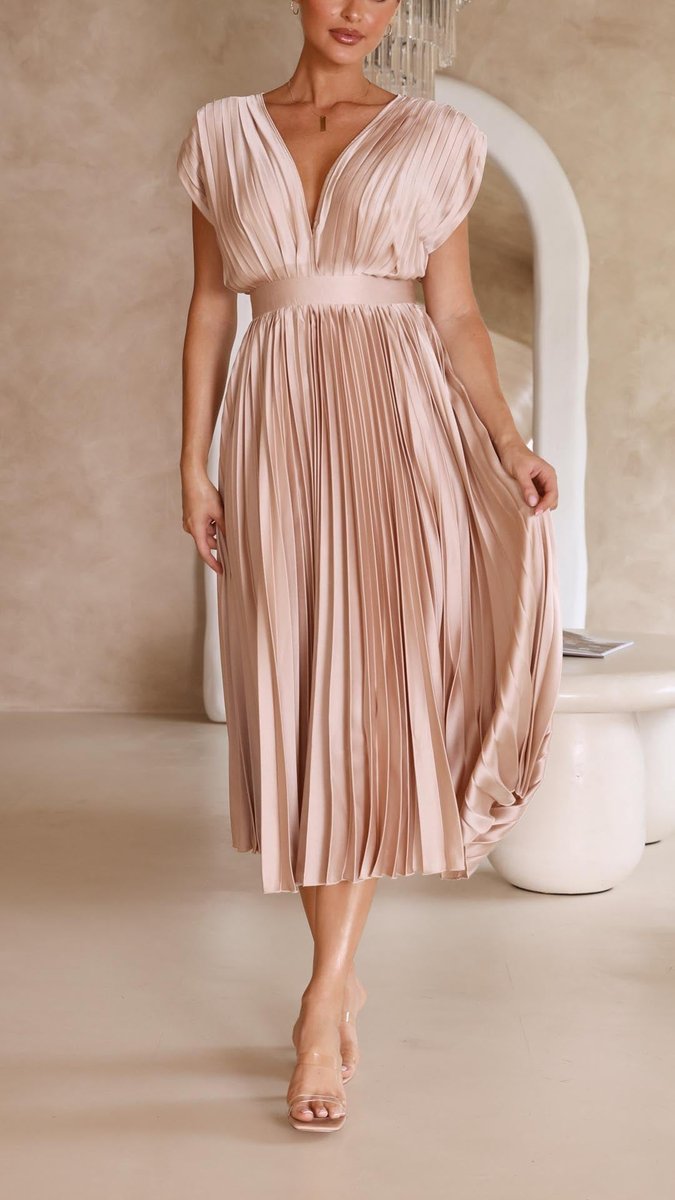Women's Pleated V-Neck Cap-Sleeve Midi Wedding Guest Dress