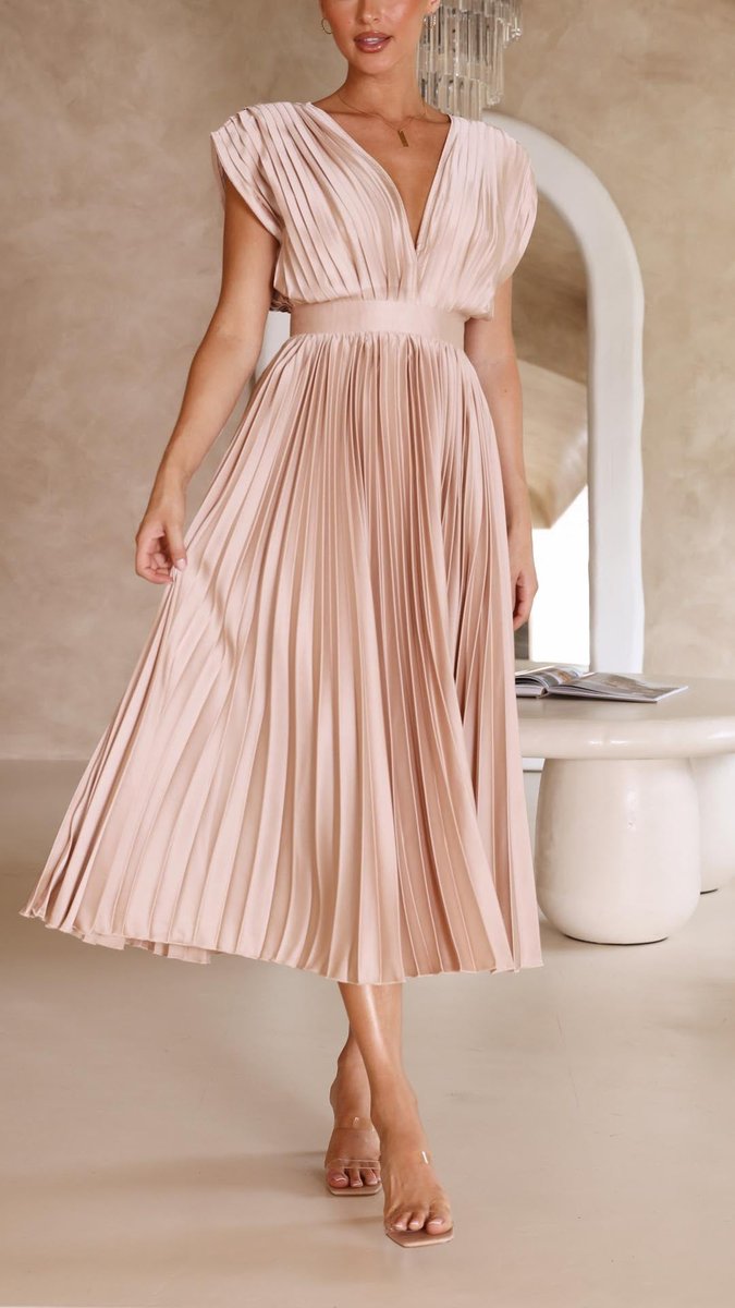 Women's Pleated V-Neck Cap-Sleeve Midi Wedding Guest Dress