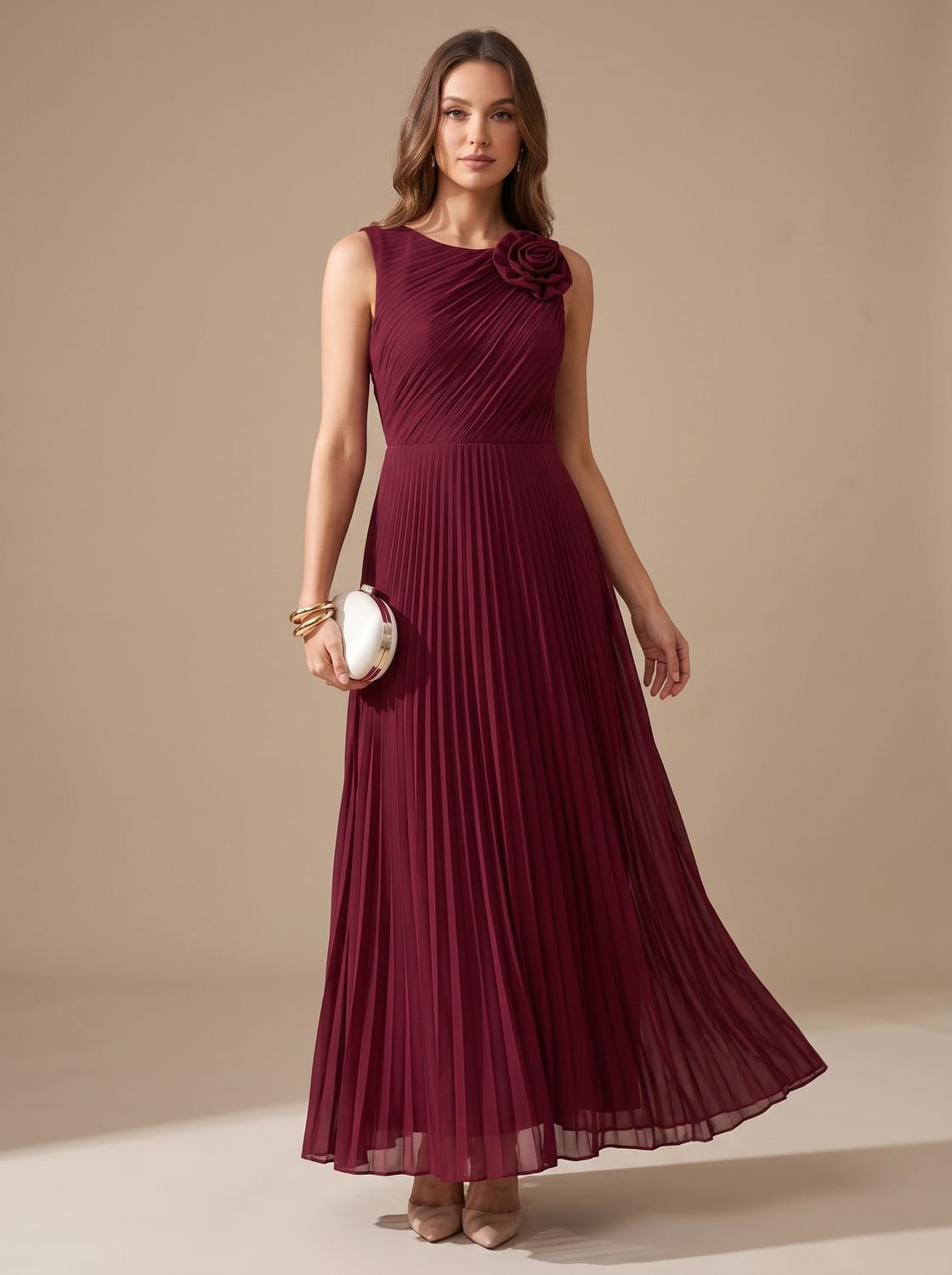 Women's Pleated V-Neck Floral Applique Sleeveless Evening Gown - Deep Red